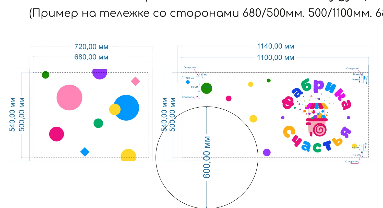 Чертёж панелей большой тележки: фронт 1140 × 540 мм, торцы 720 × 540 мм, расположение колеса и отверстий